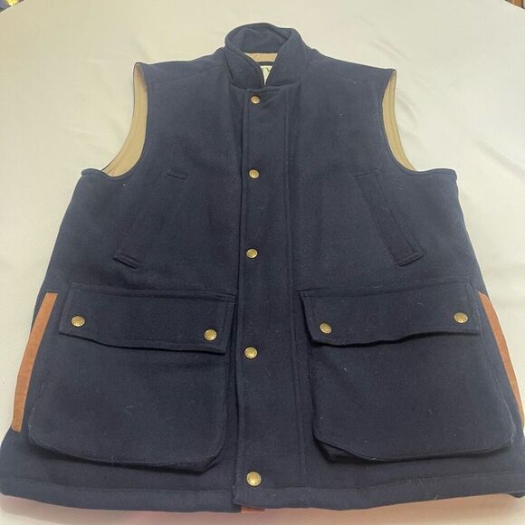 ORVIS Mens Wool Hunting Vest Size M Navy Blue Zip Snap Up Embroidered Patches - Picture 1 of 8